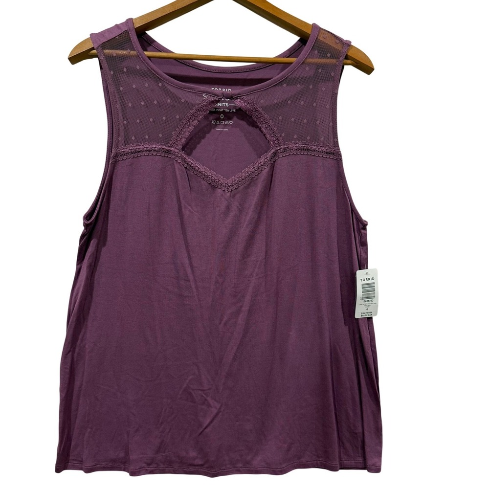 Torrid Purple Super Soft‎ Dot Mesh Inset Tank Top Keyhole Lace Trim Plus Size 0